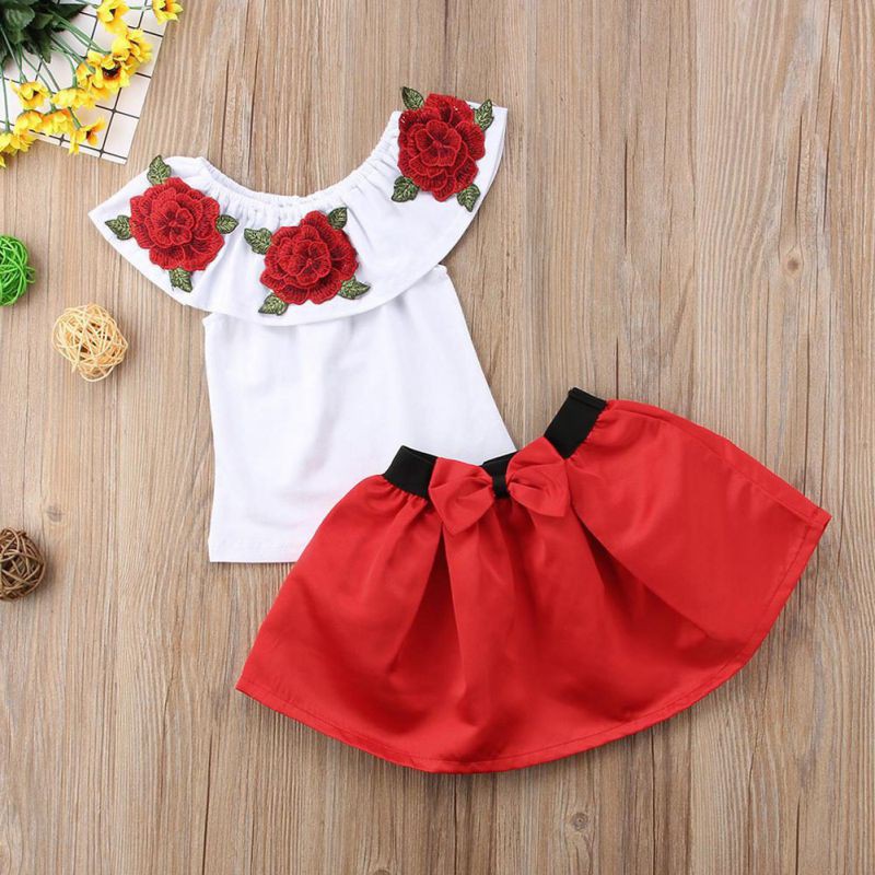 Bộ áo trễ vai in hoa + Chân váy ngắn cho bé gái