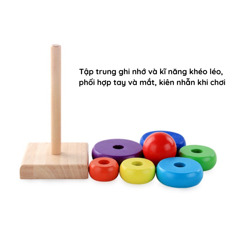 Đồ chơi xếp hình tháp gỗ cầu vồng 7 màu AIQ giáo dục sớm kích thích nhận biết màu sắc cho bé