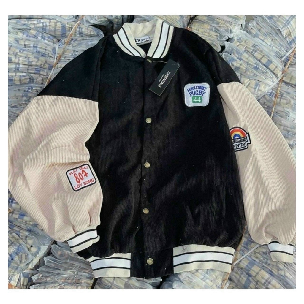 Áo khoác bomber nhung gân thêu logo puc.by 44 form rộng Couple jacket Varsity Graffiti