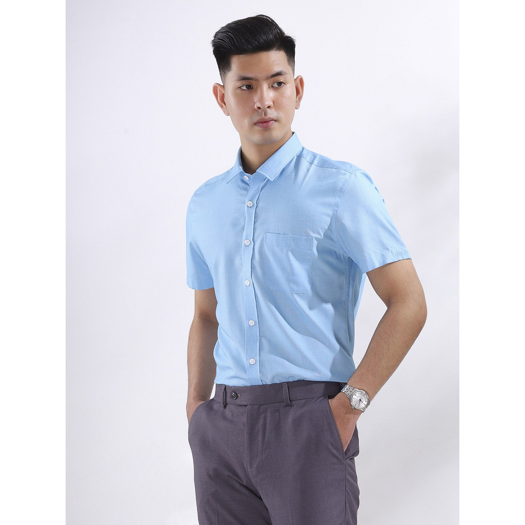 Áo Sơ Mi Nam Tay Ngắn Aristino ASS038S8 Màu Xanh Dệt Vuông Nhỏ Dáng Regular Fit Tà Bằng Vải Sợi Sồi