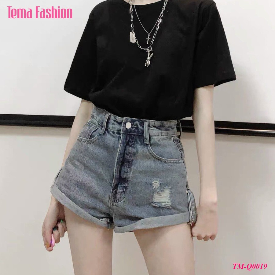 Quần short jean nữ TEMA - Quần đùi nữ jean xanh rách gấu xắn siêu xinh