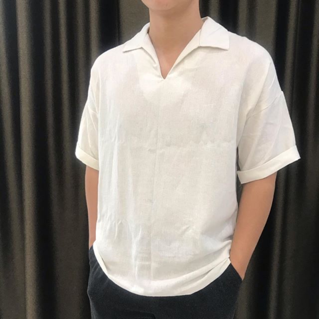Áo polo nam form hàn quốc. chất liệu linen, màu trắng vintage