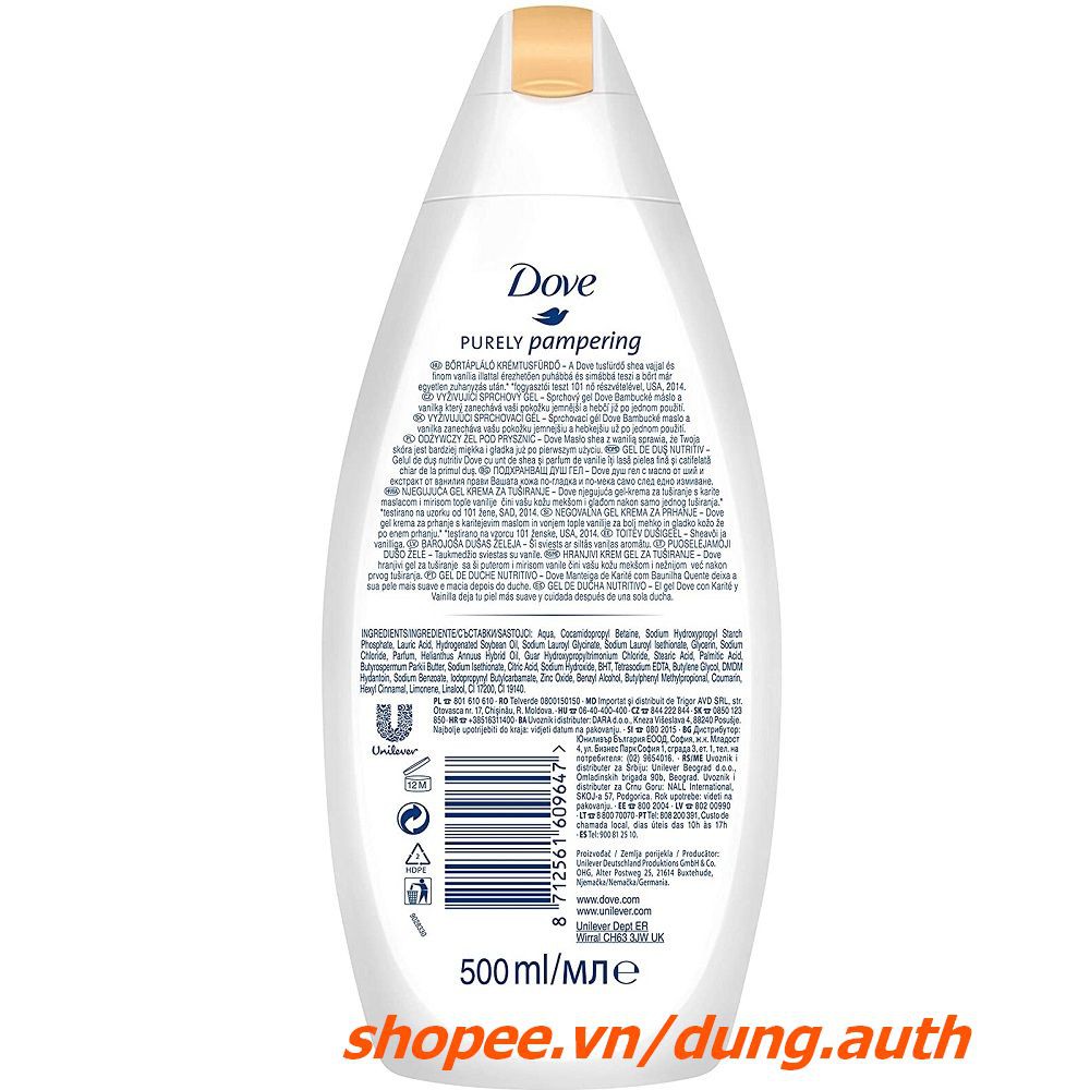 Sữa Tắm Dove Đức 500Ml Purely Pampering, dung.auth Của Hàng Chính Hãng.