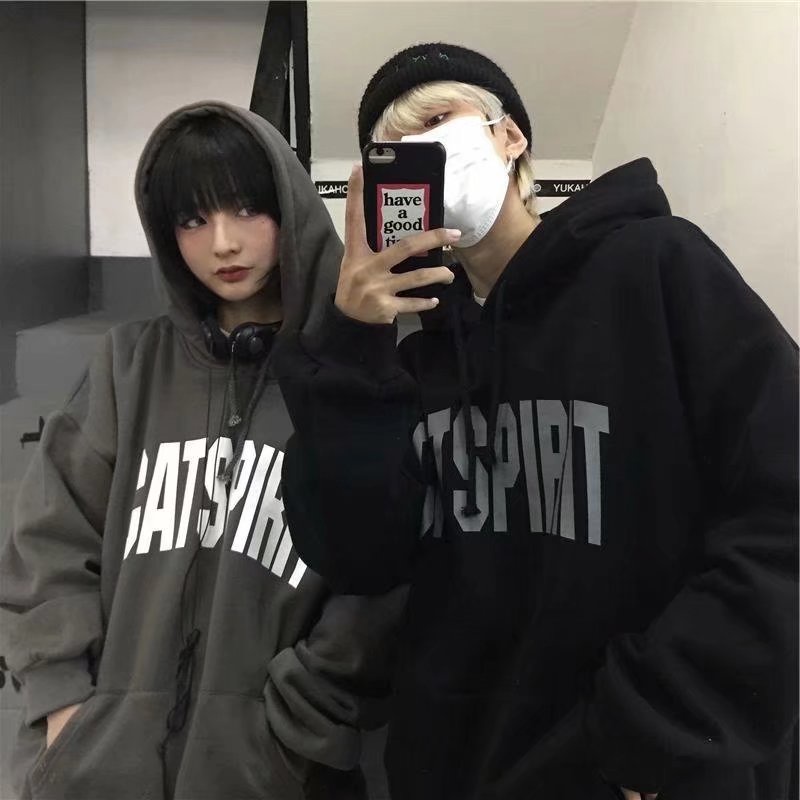 Áo hoodie tay dài dáng rộng in chữ phong cách Nhật Bản thời trang mùa đông size M-5XL cho nam và nữ