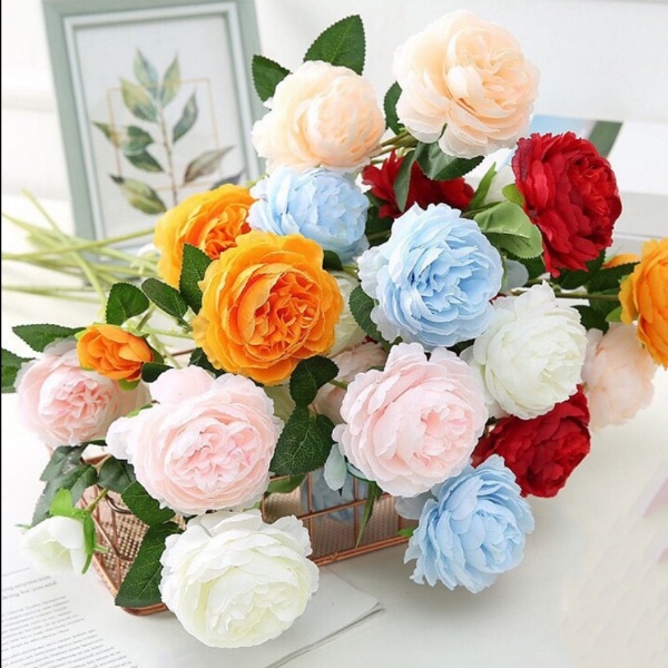 Hoa giả - Hoa hồng Lụa Lucas cao cấp 65cm 2 bông 1 nụ trang trí nhà cửa, nội thất, cửa tiệm,..