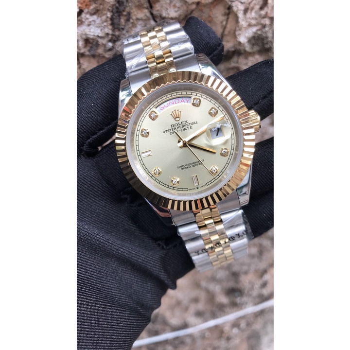 Đồng hồ nam Rolex mặt tròn đính viền băm máy cơ automatic dây kim loại cao cấp