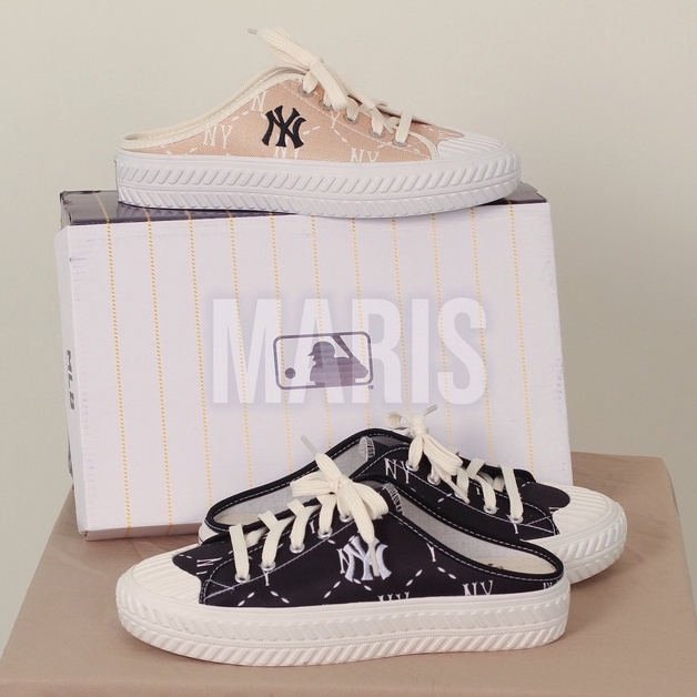 Giày sục nữ thể thao M.L.B Ny ⚡ CAO CẤP ⚡ Giày sục đạp gót vải canvas thêu 2 màu đen-tan Ulzzang mẫu hotrend - full box