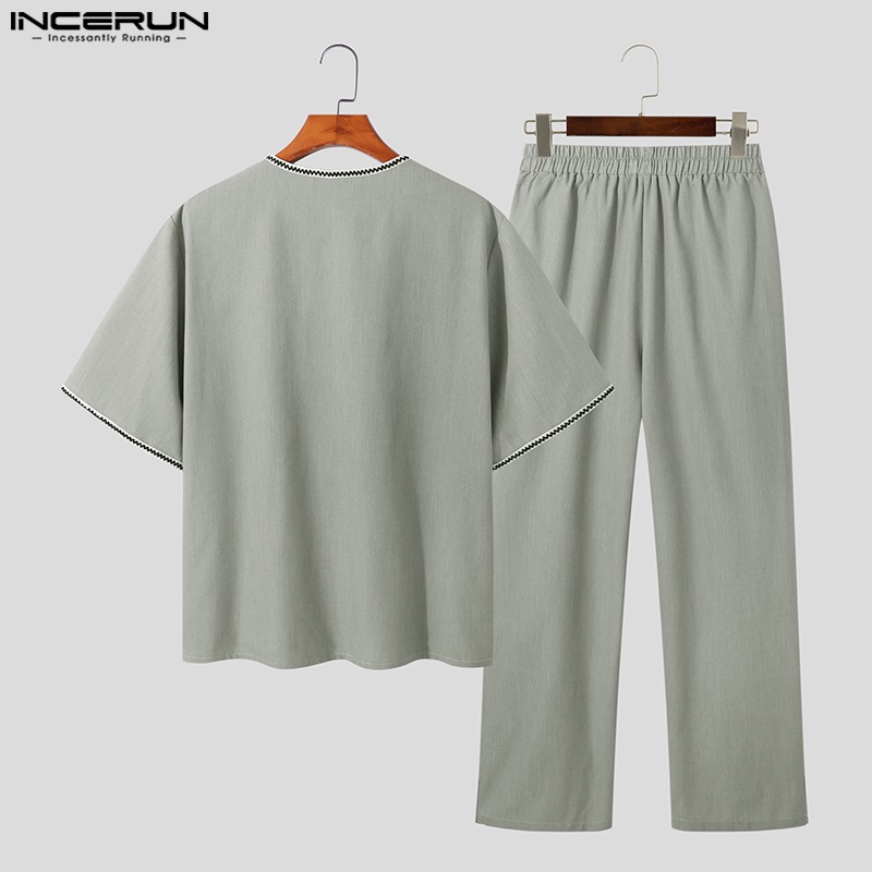 Set đồ INCERUN gồm áo sơ mi ngắn tay và quần baggy dài màu trơn thời trang cho nam
