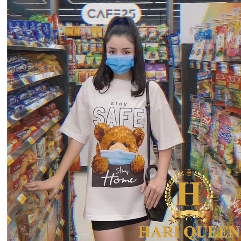 Áo thun tay lỡ Gấu Safe Phòng Dịch HARIQUEEN áo phông nam nữ unisex form rộng 65kg