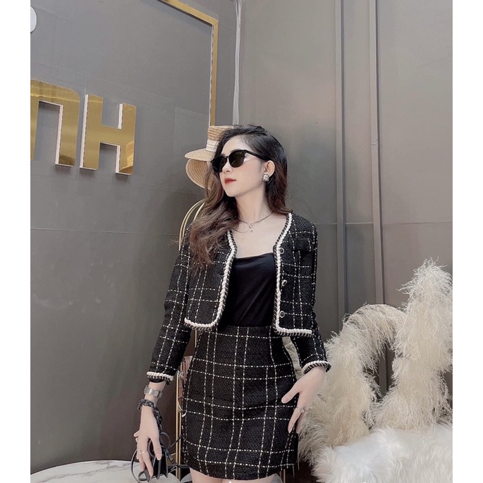 Set dạ dài tay mix chân váy dạ caro sang chảnh