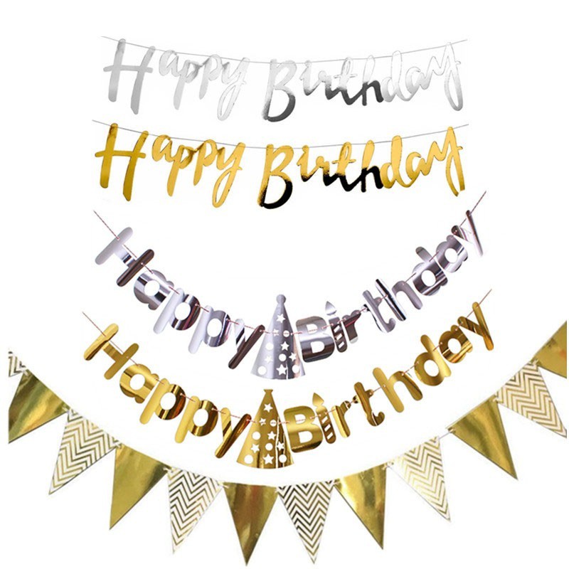 Happy Birthday Party Banner Gold Silver Rose Gold Color Màu Sắc