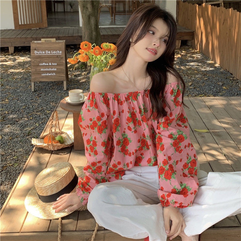 Áo Sơ Mi Nữ Trễ Vai Dáng Rộng In Hình Hoa Hồng Ngọt Ngào