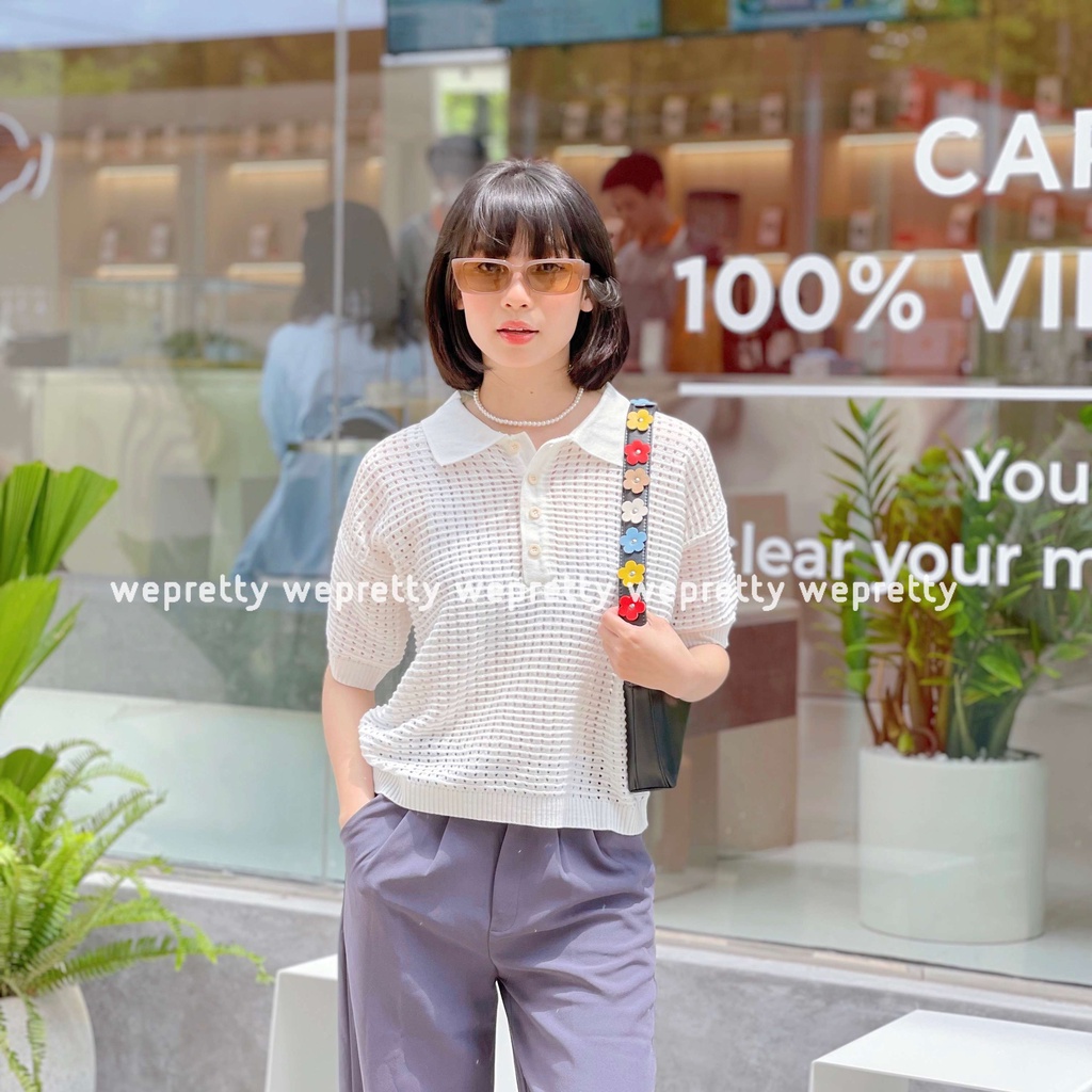 Áo polo lưới phong cách Hàn Quốc chất liệu len mềm phù hợp phối với quần jeans chân váy Wepretty Clothes AH10