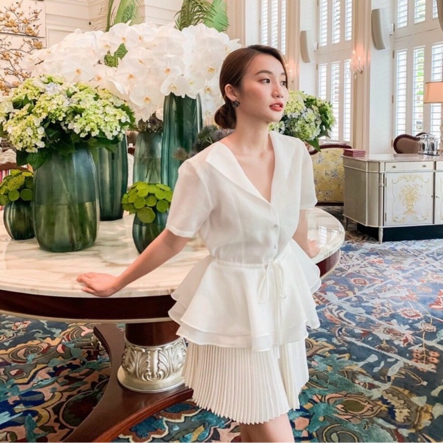 🌱 SÉT ÁO PELUM CỔ BẺ THẮT EO + CHÂN VÁY DẬP LY