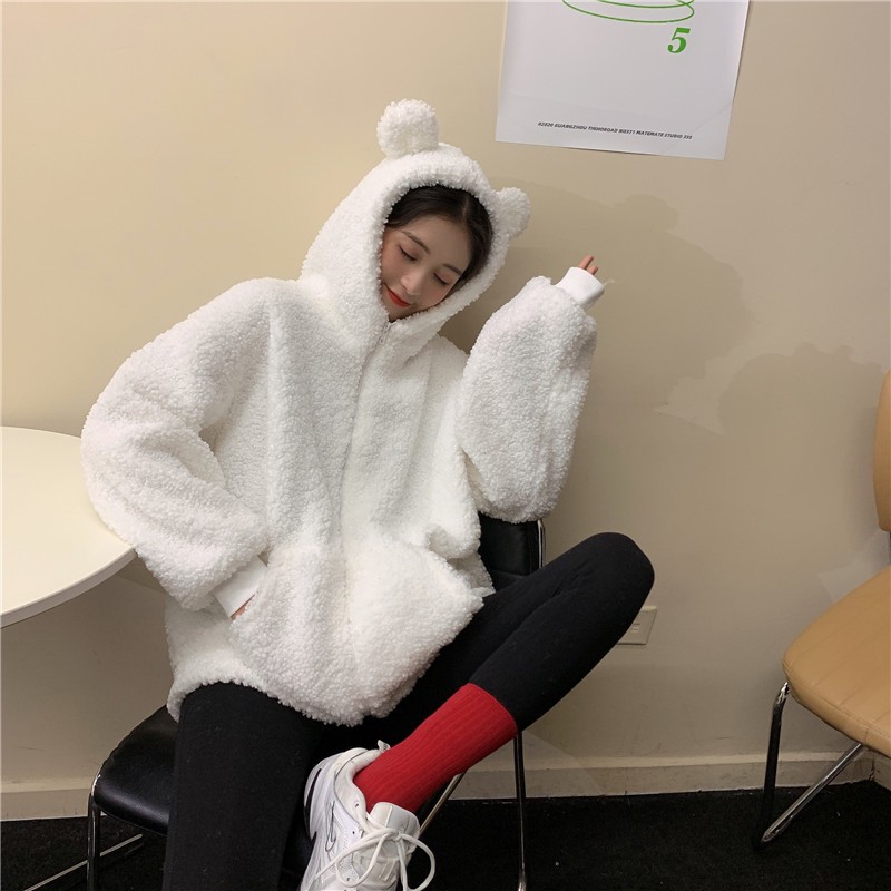 Dễ Thương Áo Khoác Len Lông Cừu Có Mũ Trùm Đính Tai Đáng Yêu | BigBuy360 - bigbuy360.vn