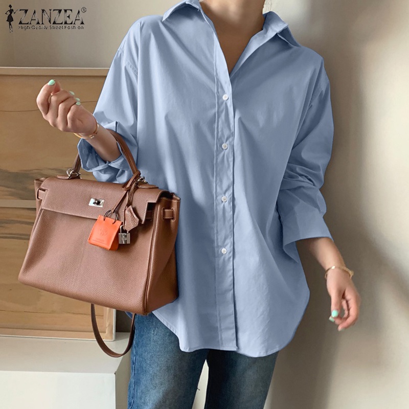 Áo sơ mi nữ ZANZEA dài tay màu trơn phong cách Hàn Quốc