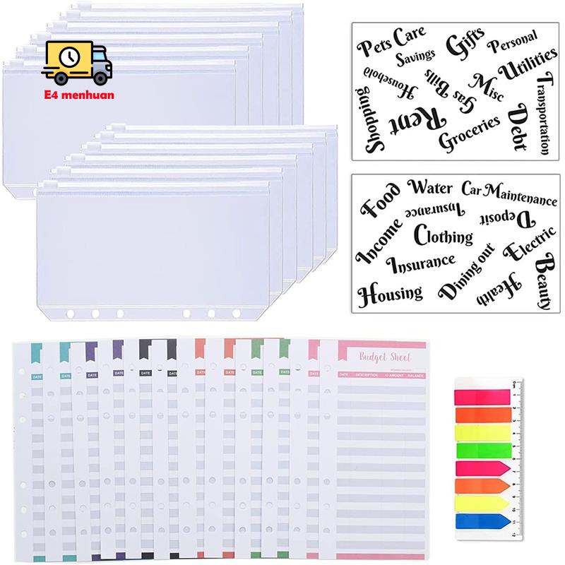 Set 26 món gồm bìa đóng tờ quản lý chi tiêu túi có dây kéo đựng tiền mặt nhãn phong bì nhãn dán neon