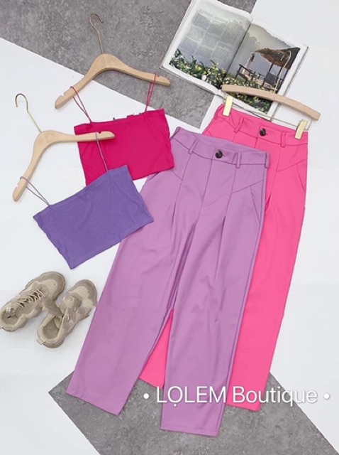 Set crop tím 2 dây và quần Tây baggy