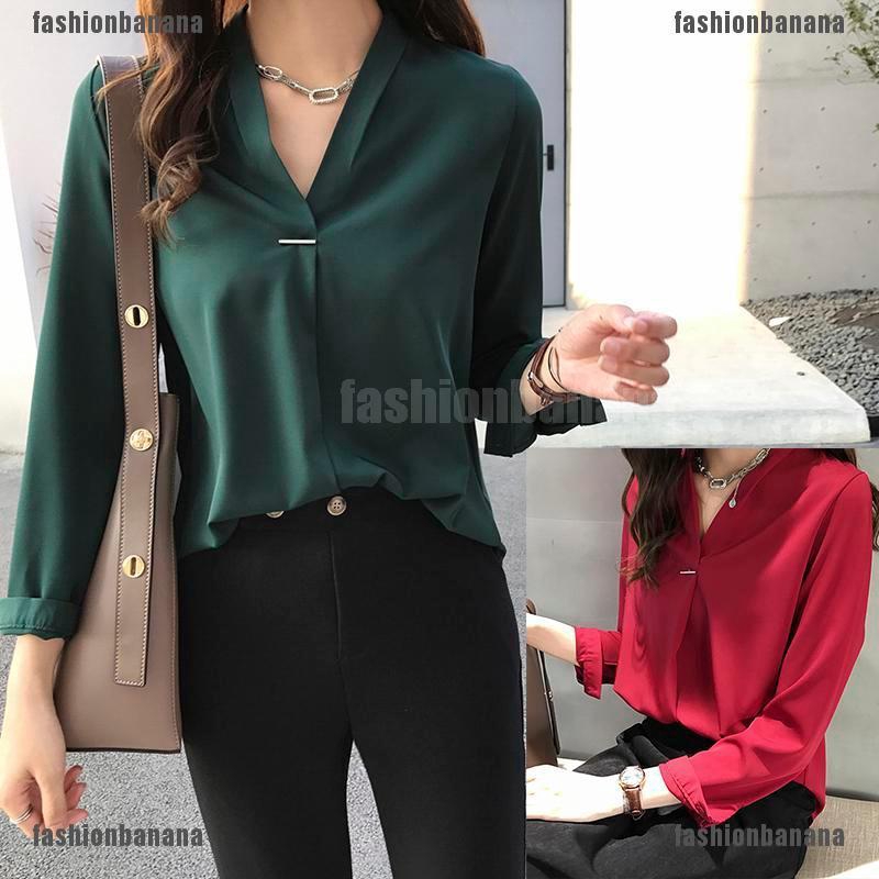 Áo Sơ Mi Nữ Tay Dài Dáng Rộng Cổ Chữ V Màu Trơn Plus Size