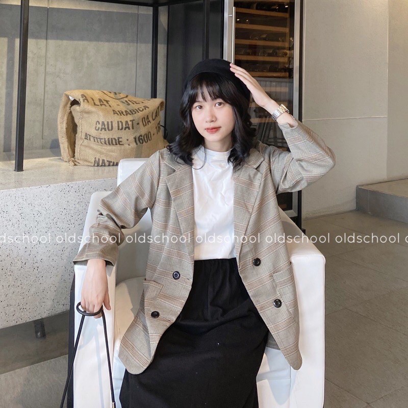 [Ảnh thật/Video]Áo blazer Ulzzang kẻ nâu 4 cúc loại 1 lớp