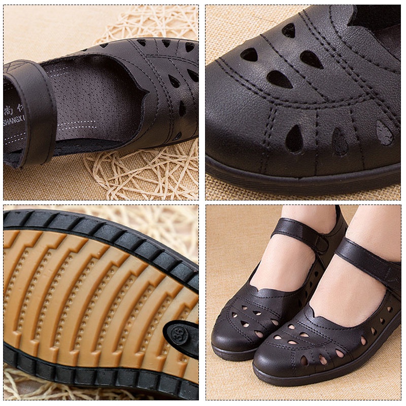 RENBEN Giày da Renben đế cao su mềm thoáng khí chống trượt có quai đeo mắt cá chân cho nữ