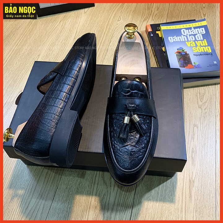 Giày Lười Nam - Giày Da Nam Công Sở Dập Vân Cá Sấu - Da Bò Nguyên Tấm Băng Chuông - Màu Đen - Mã K666