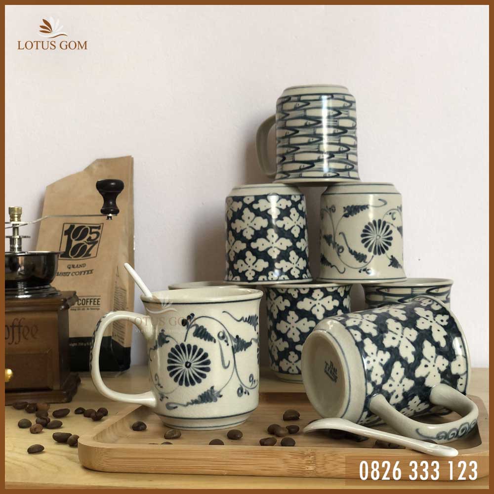 Cốc Cà Phê Latte Men Rạn Vẽ Tay Thủ Công