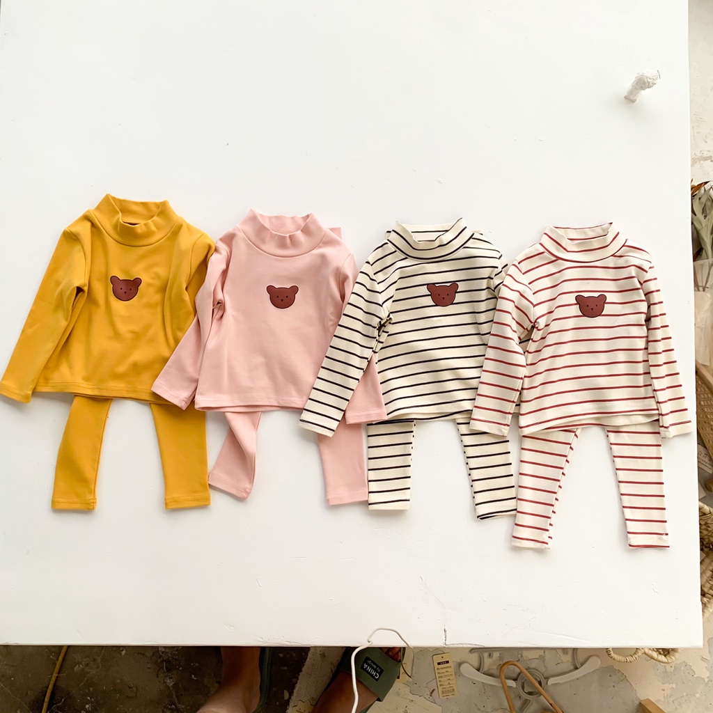 Bộ áo tay dài in hình gấu hoạt hình + quần dài lưng cao thời trang mùa thu dành cho bé 0-3 tuổi