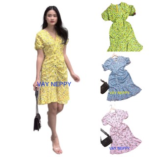 [Mã giảm 30k, 20k,12k, 5k đơn 0đ] Váy Hoa Nhí Cổ V Nút Trước Đầm nữ Vàng Hồng Xanh Biển Neppy NPN1W88