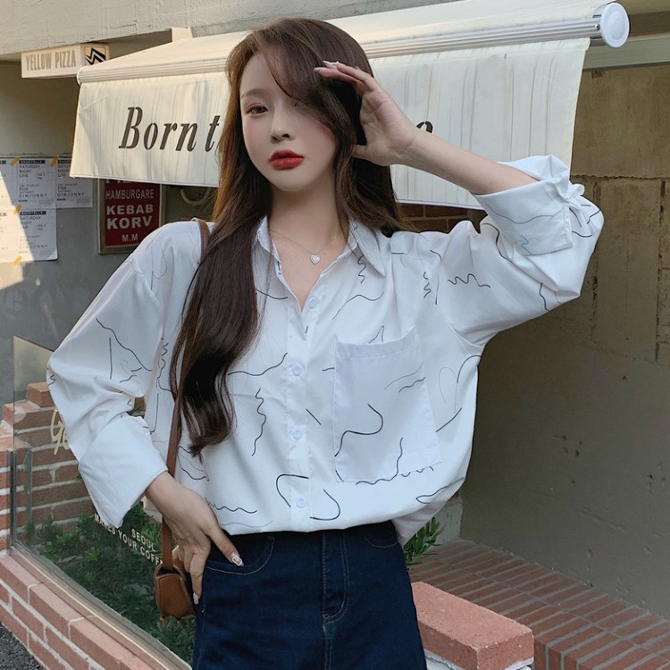 Linki ❀ Áo Sơ Mi Nữ Tay Dài Form Rộng Họa Tiết Đơn Giản