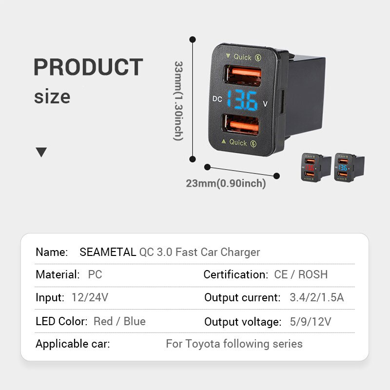 Bộ sạc ô tô USB kép SEAMETAL QC3.0 36W sạc nhanh cho dòng xe Toyota vôn kế DC 12V / 24V