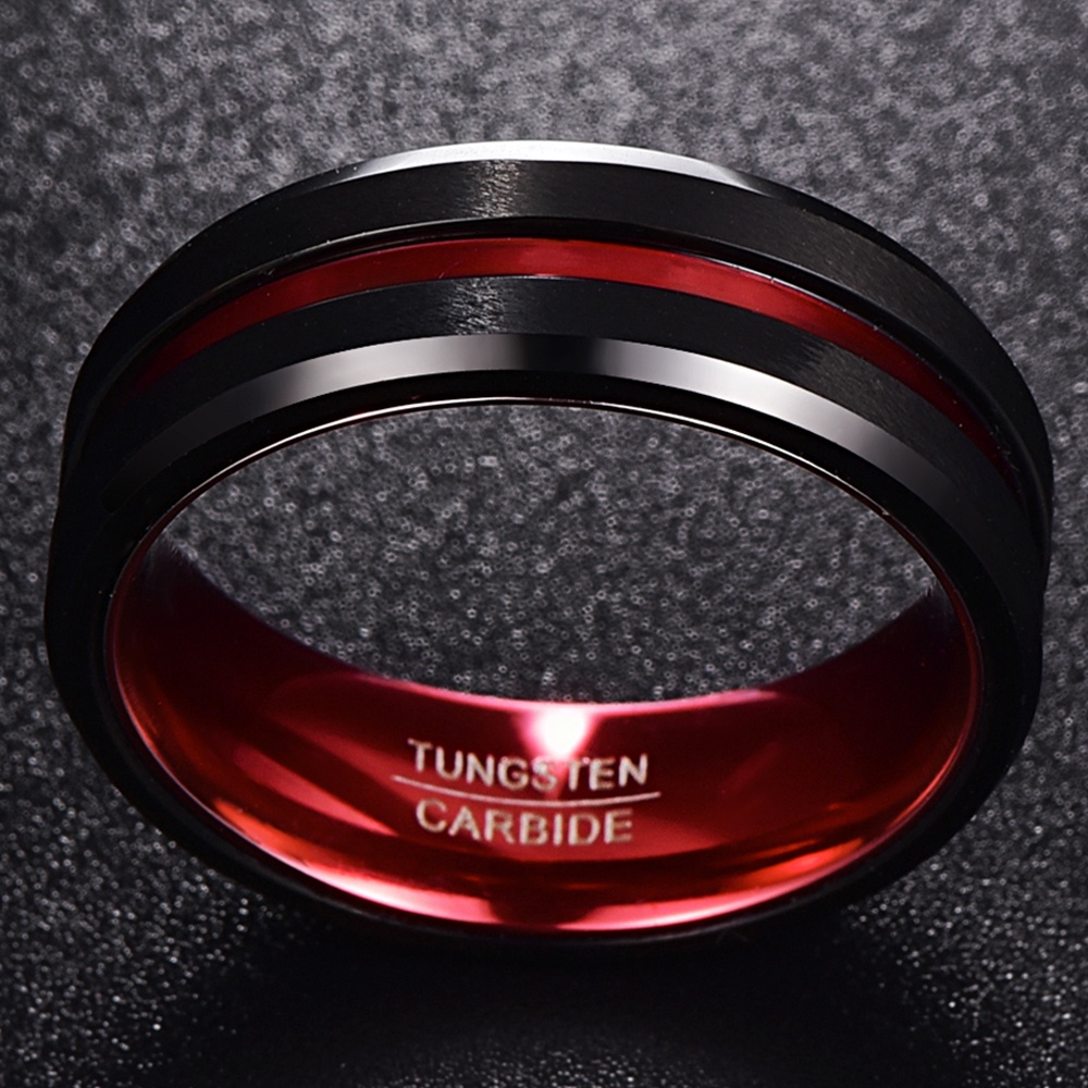 Nhẫn Nam BONLAVIE 8MM Màu Đen Và Đỏ 100% Chất Liệu Cacbua Vonfram Kích Cỡ 7 Đến 16