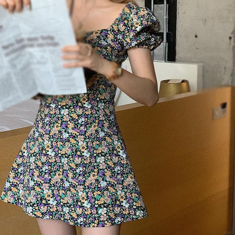 Đầm Tay Phồng Cổ Vuông Họa Tiết Hoa Phong Cách Retro Hàn Quốc