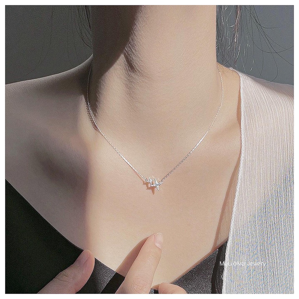 Dây chuyền bạc 2 ngôi sao đính đá, vòng cổ nữ Double Star Miuu Silver