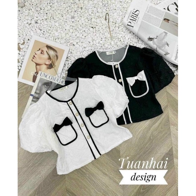 Áo Xốp Nơ Tay Bồng Khuy Ngọc 2 Màu Siêu Xinh