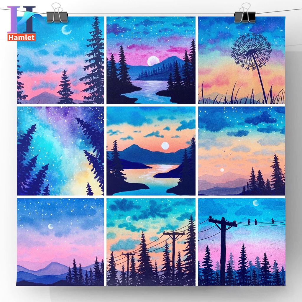 Bộ tranh sơn dầu Hamlet tô màu theo số hình bầu trời đầy sao mặt trời mặt trăng tinh tế cỡ 20 * 20cm
