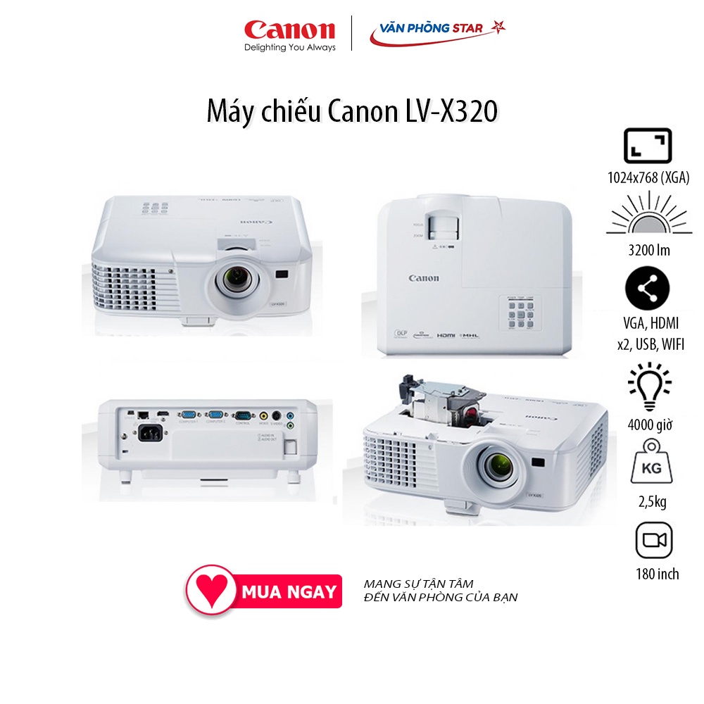 MÁY CHIẾU CANON LV-X320, Độ tương phản 10.000 - 1, Độ sáng 3200 Ansi Lumens, Độ phân giải XGA (1024x768) 180 inch