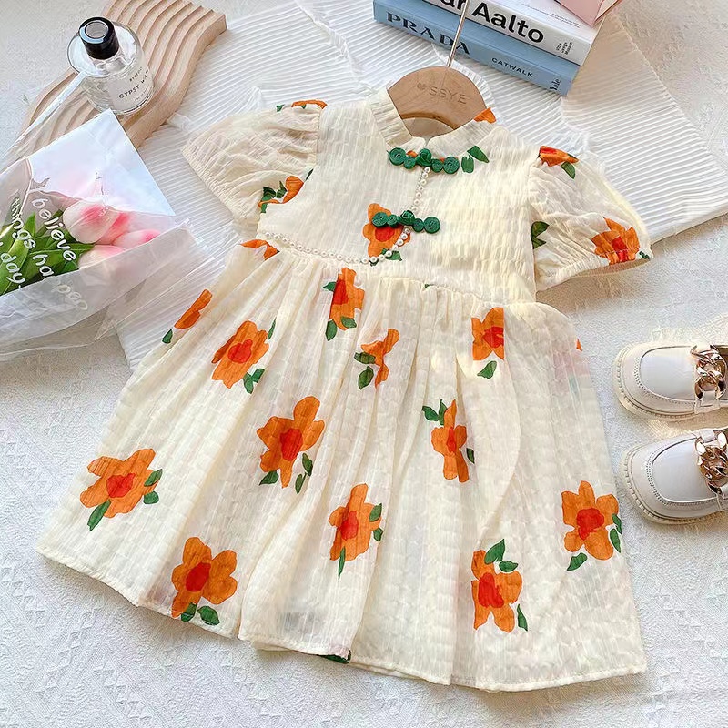 Đầm Sườn Xám Ngắn Tay In Hoa Cho Bé Gái