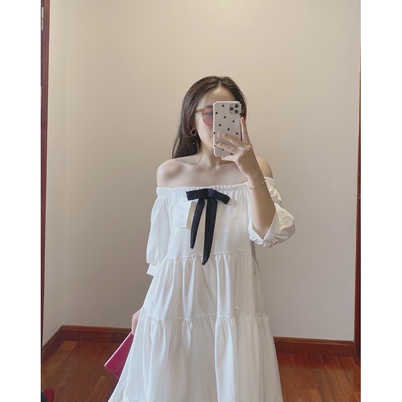 Đầm Babydoll Trắng Cổ Vuông Nơ Cài 🦋FREESHIP🦋 Váy Nữ Cộc Tay Nơ Đen Dáng Xòe