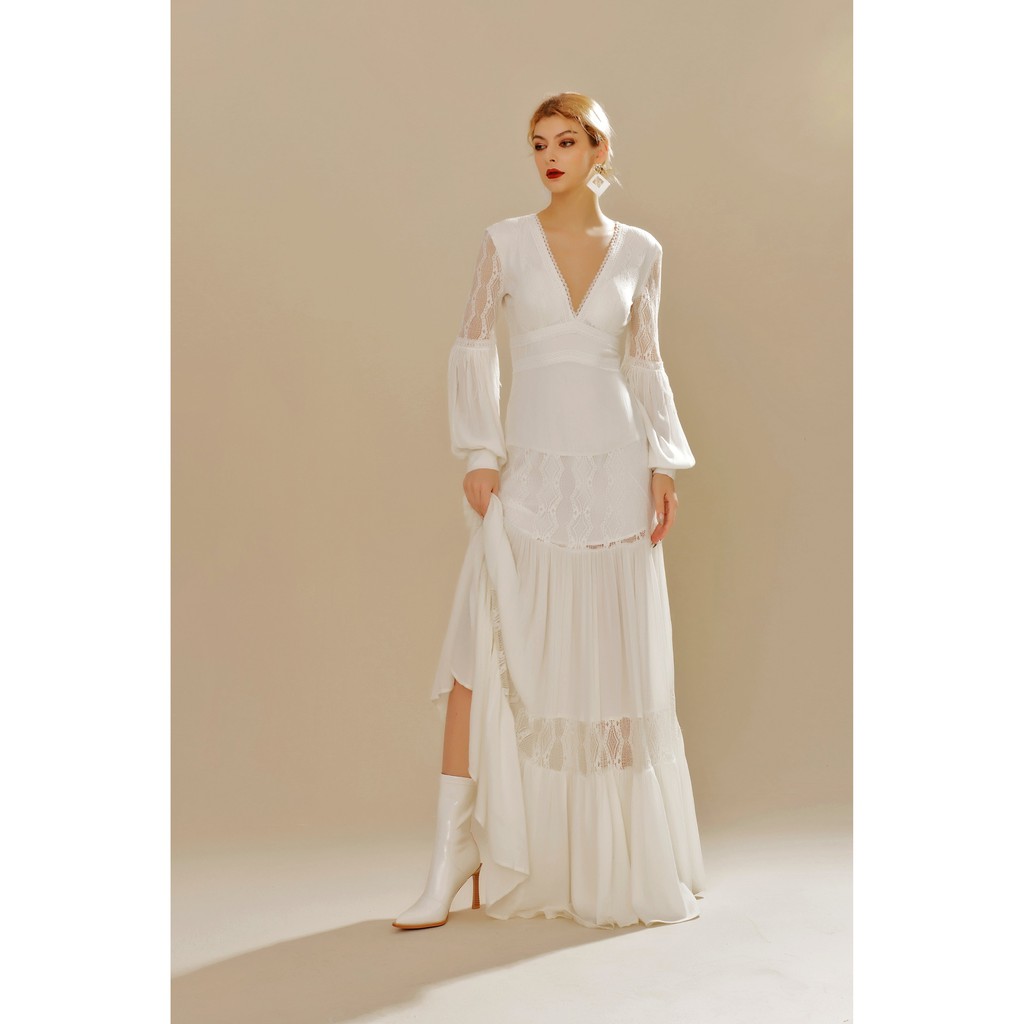 SÒ VINTAGE - ZANE Đầm maxi xô cổ V tay dài phối ren | BigBuy360 - bigbuy360.vn