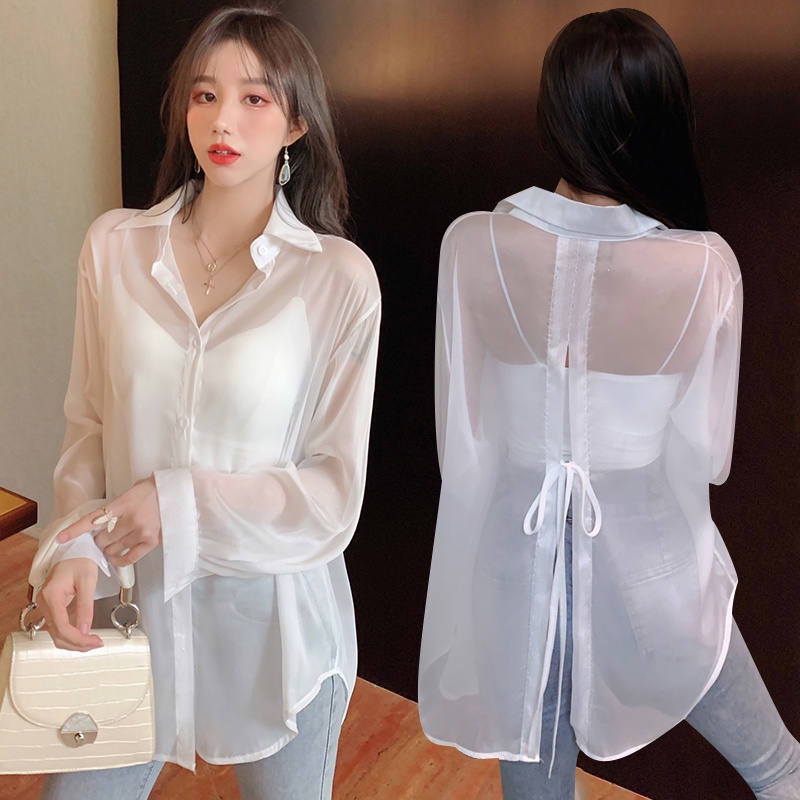 ∏◘Áo Sơ Mi Voan Mỏng Nhẹ Tay Dài Hở Lưng Thoáng Khí Thiết Kế Cột Dây Sau Lưng Thoáng Khí 0708 Cho Nữ