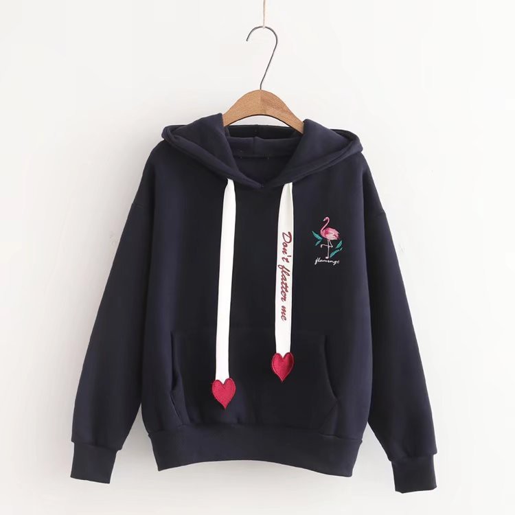 Áo Hoodie Tay Dài Thêu Hình Hồng Hạc