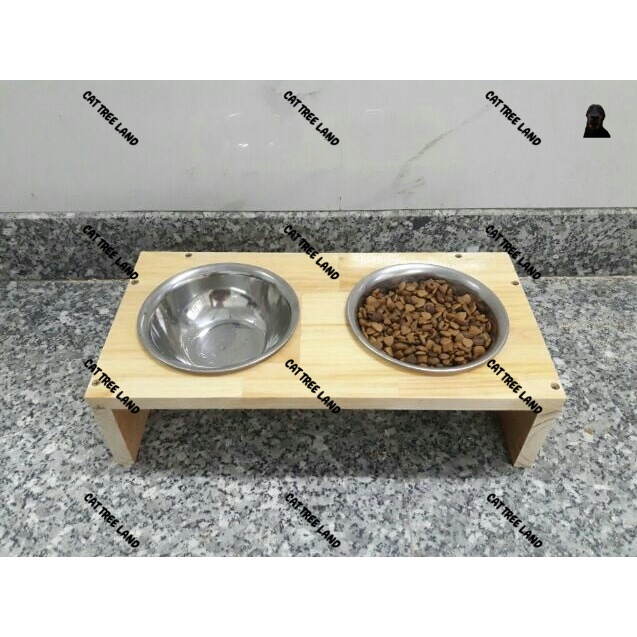 KHAY ĂN BẰNG GỖ TỰ NHIÊN, CHỐNG NƯỚC, KÈM BÁT ĂN CHÓ MÈO BẰNG INOX