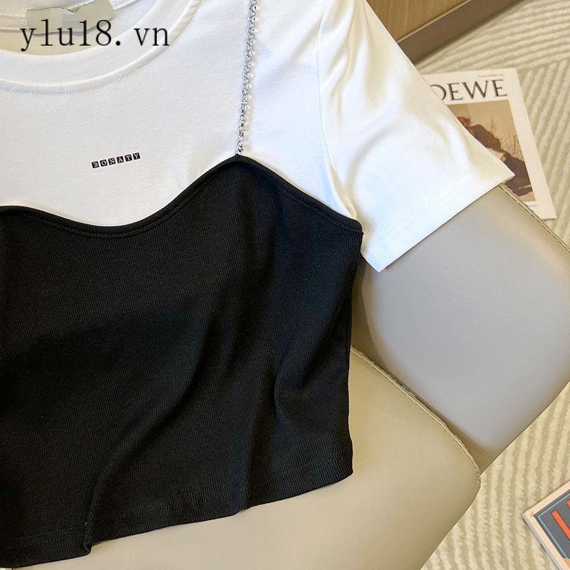 Áo Thun Tay Ngắn Cổ Tròn Giả Hai Lớp Phối Dây Xích Màu Sắc Tương Phản Phong Cách Hàn Quốc Thời Trang Mùa Hè Cho Nữ