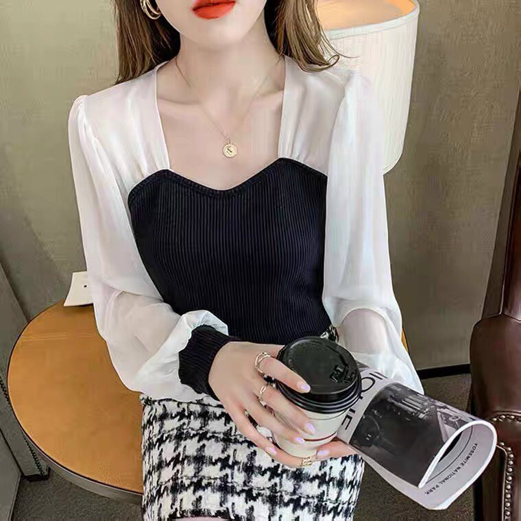 Áo Kiểu Thun Gân Tay Dài Phối Voan Có Mút