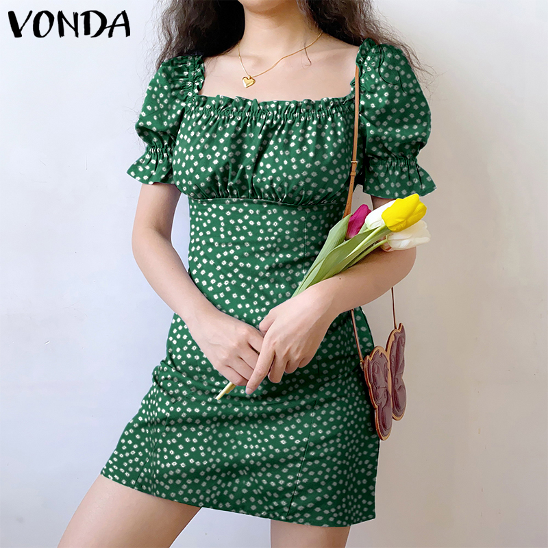 Đầm VONDA Cổ Vuông Ngắn Tay In Họa Tiết Chấm Bi Phong Cách Hàn Quốc Thời Trang Mùa Hè Quyến Rũ Cho Nữ