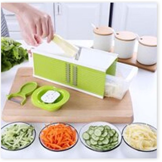 Bộ dụng cụ bào rau củ quả đa năng 5 in 1 bào gọt rau củ quả nhiều hình dạng khác nhauGồm 4 lưỡi bào đa năng và 1 hộp đự