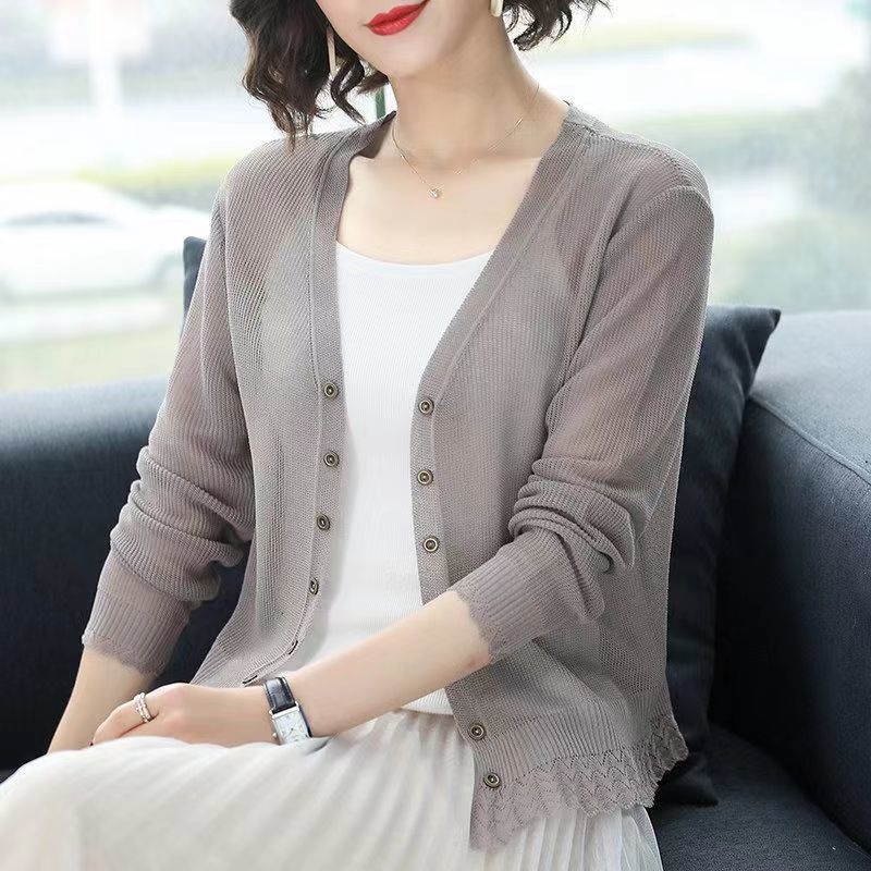 Áo Khoác Cardigan Dệt Kim Mỏng Tay Dài Chống Nắng Thời Trang Mùa Hè 2022 Cho Nữ Trung Niên
