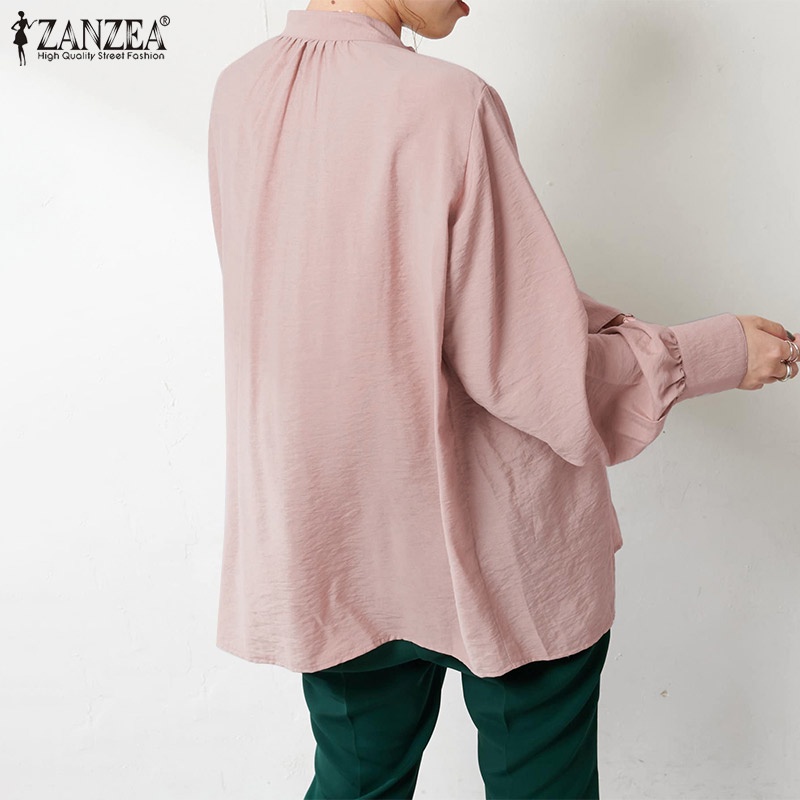 Áo kiểu dài tay ZANZEA cổ tròn xếp ly màu trơn dễ phối đồ cho phái nữ mặc hàng ngày