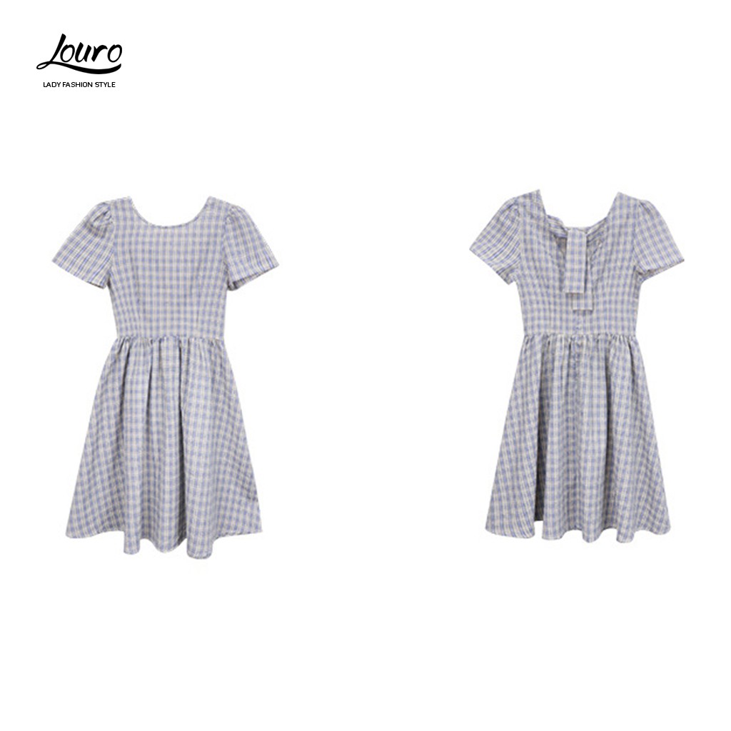 Váy babydoll Louro L2113, mẫu váy babydoll dáng xòe, thắt nơ sau, họa tiết caro nhỏ | WebRaoVat - webraovat.net.vn